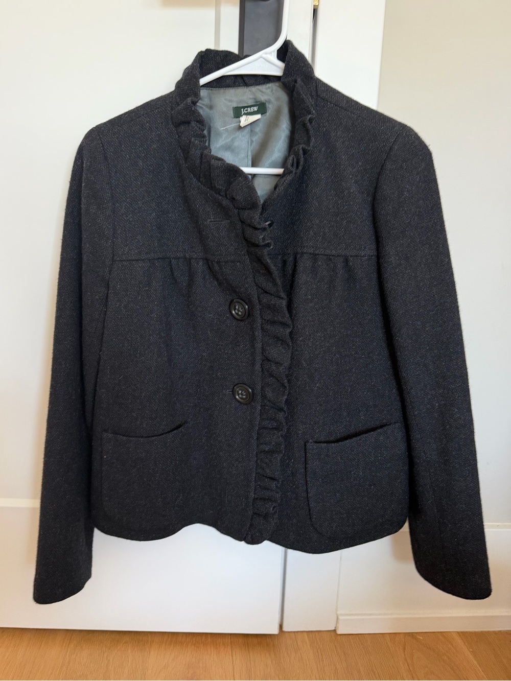 Vintage J.Crew 100% Wool Charcoal Gray Ruffle Trim Blazer Jacket Style 98824